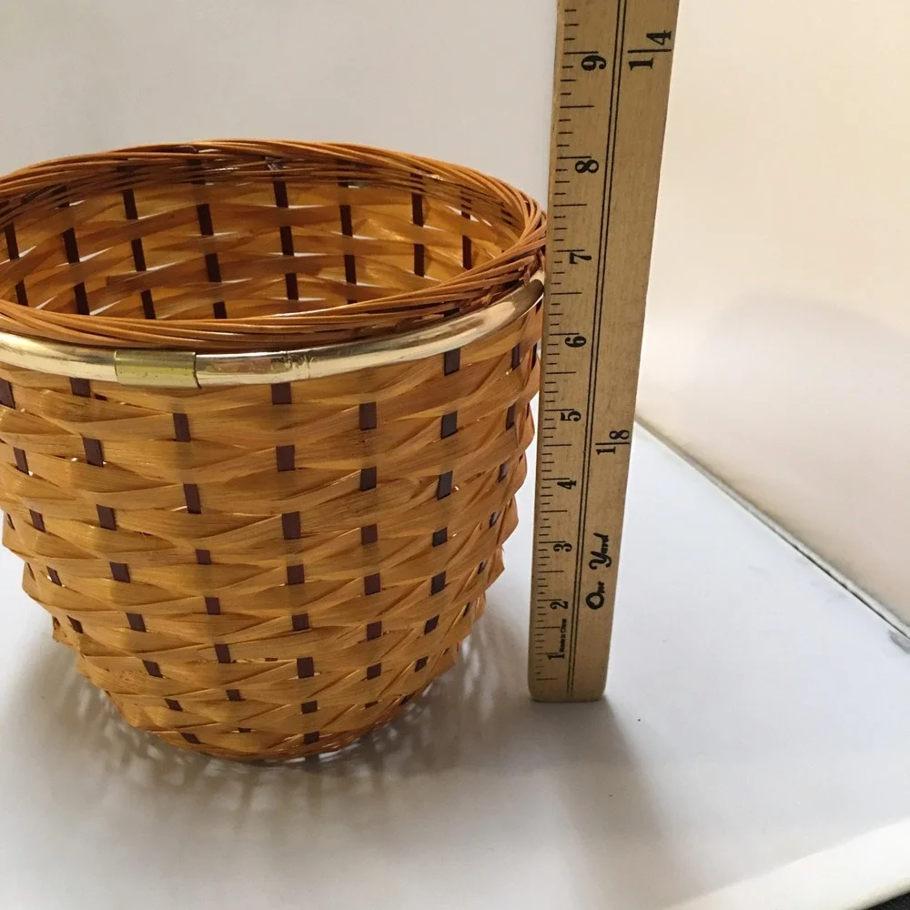 Woven Bamboo Basket Home Decor Medium Brown Gold Rim Boho Storage Waste Bin